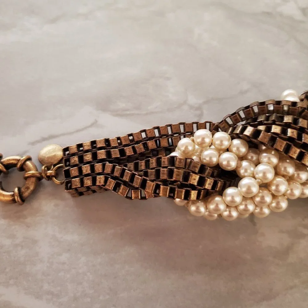 💕 J.Crew Twisted Knot Pearl Box Chain Antiqued Distressed Vintage Bracelet 💕